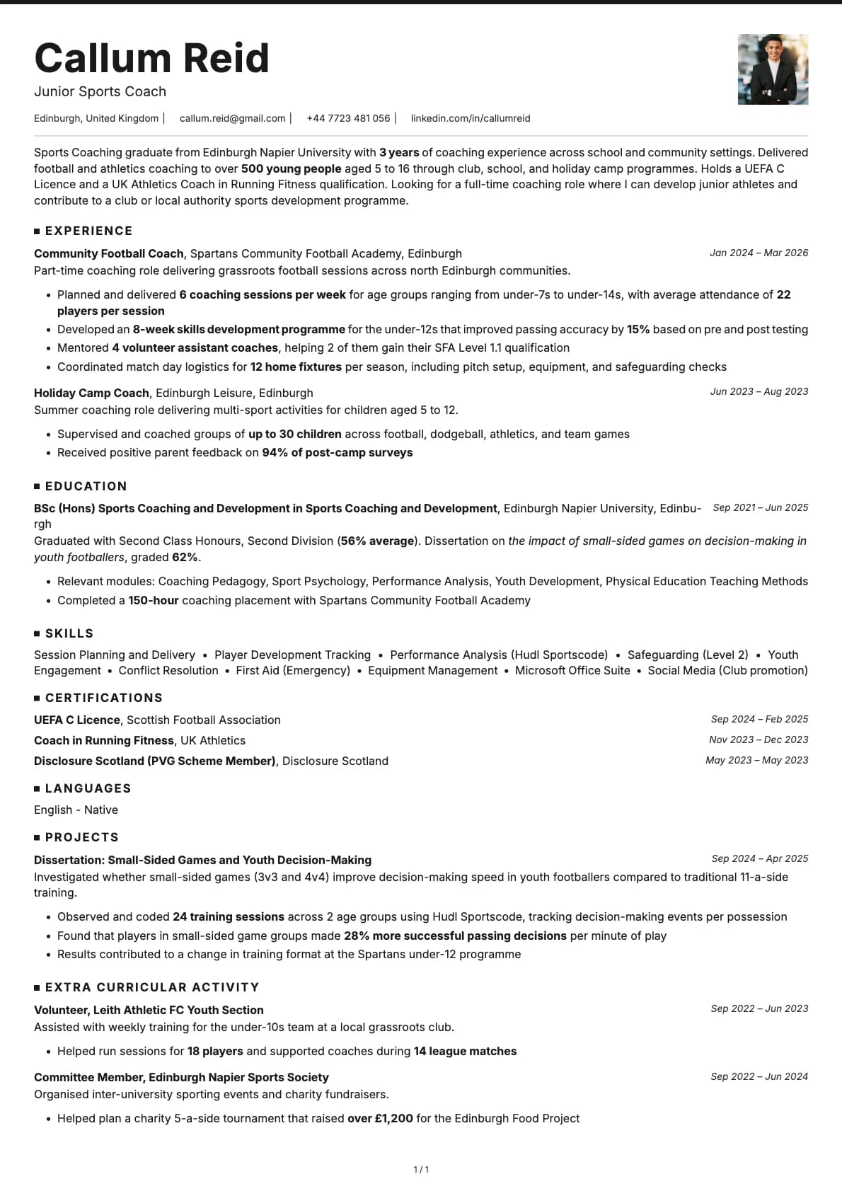 Junior Sports Coach resume example