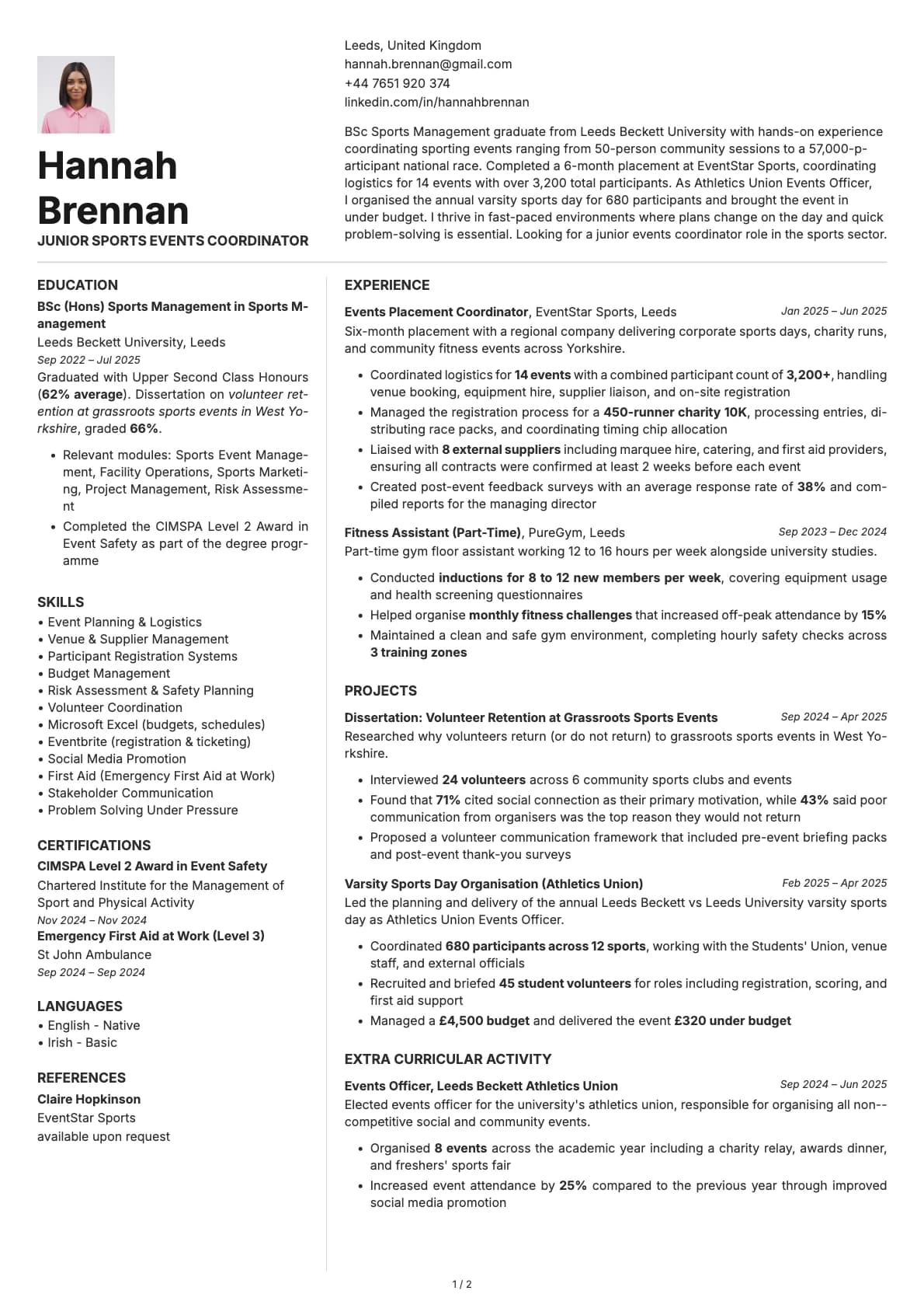 Junior Sports Events Coordinator resume example