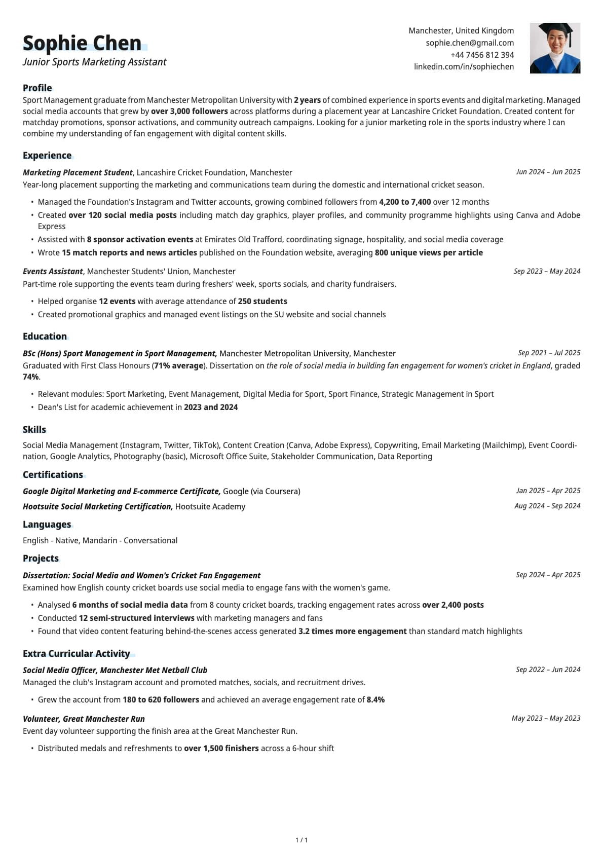Junior Sports Marketing Assistant resume example