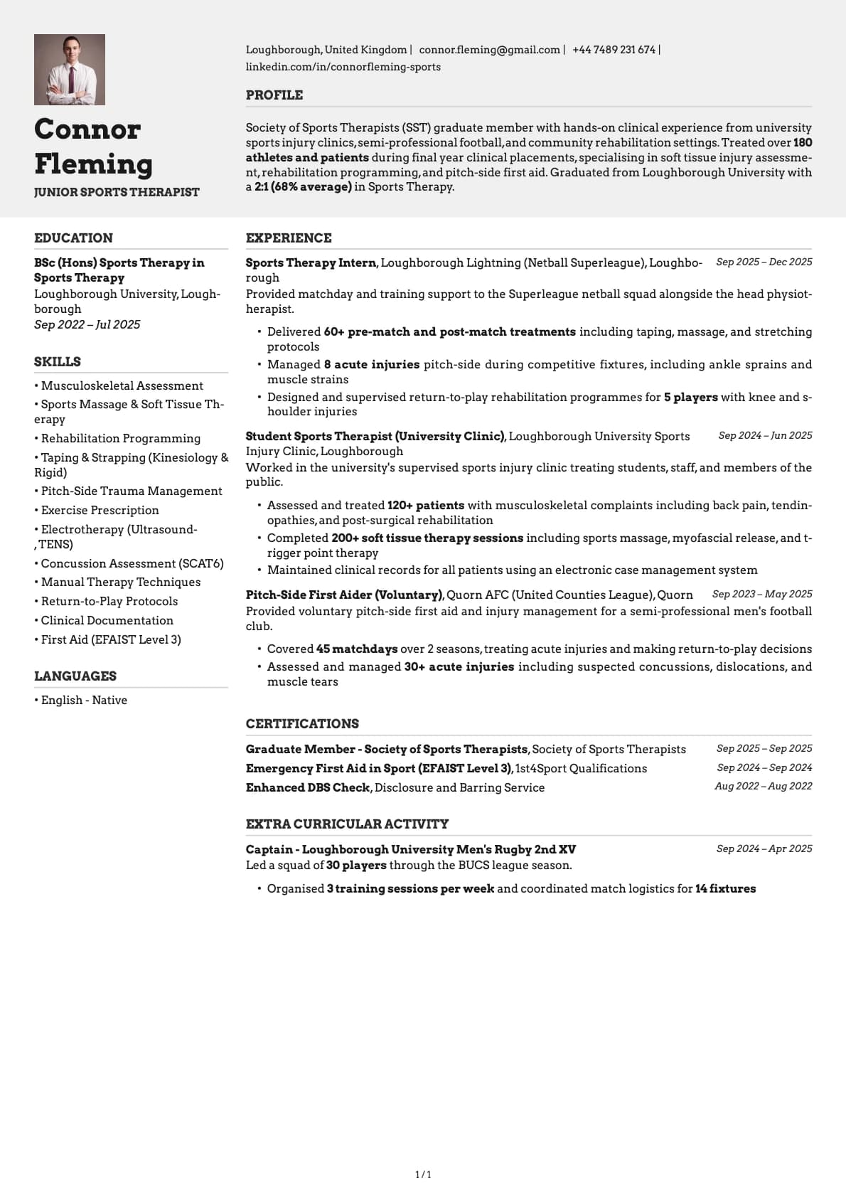 Junior Sports Therapist resume example