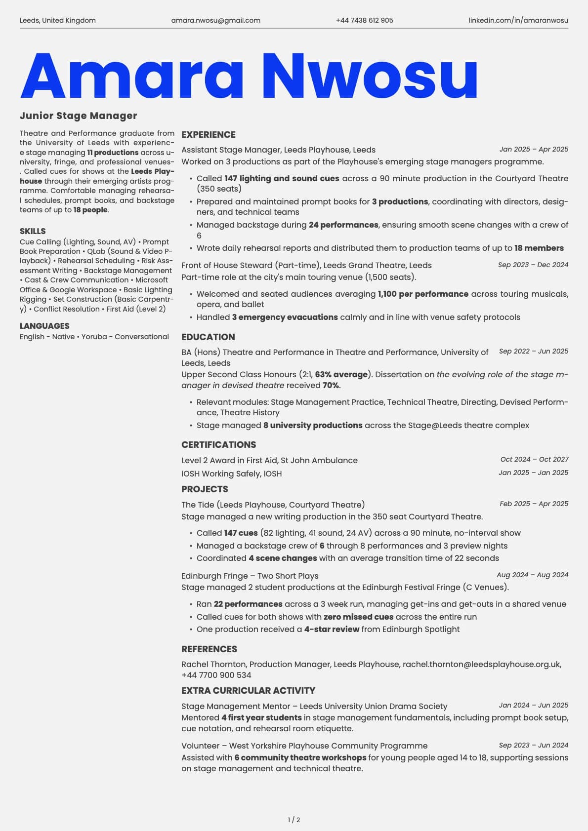 Junior Stage Manager resume example
