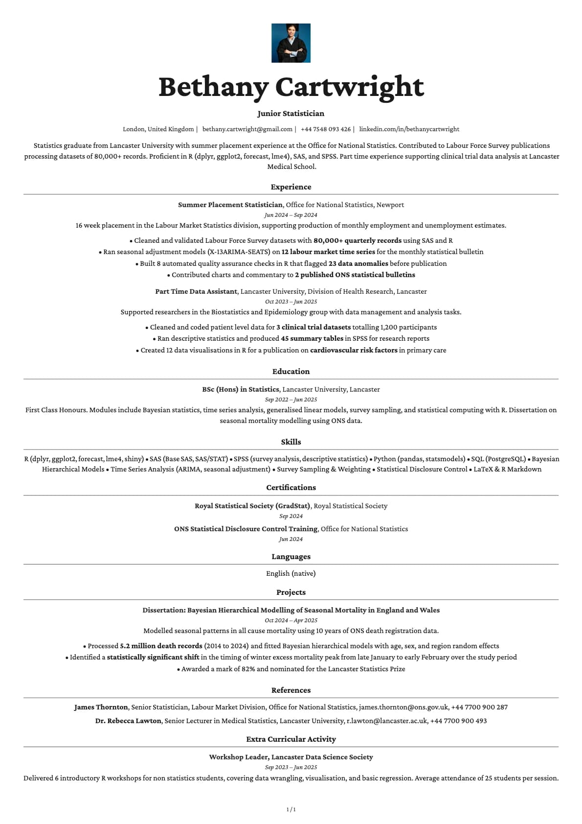 Junior Statistician resume example