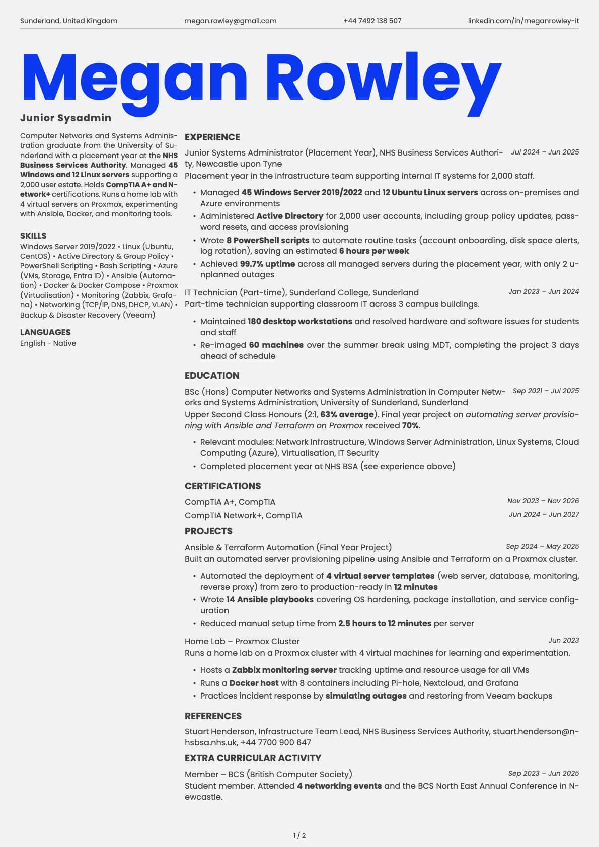 Junior Sysadmin resume example