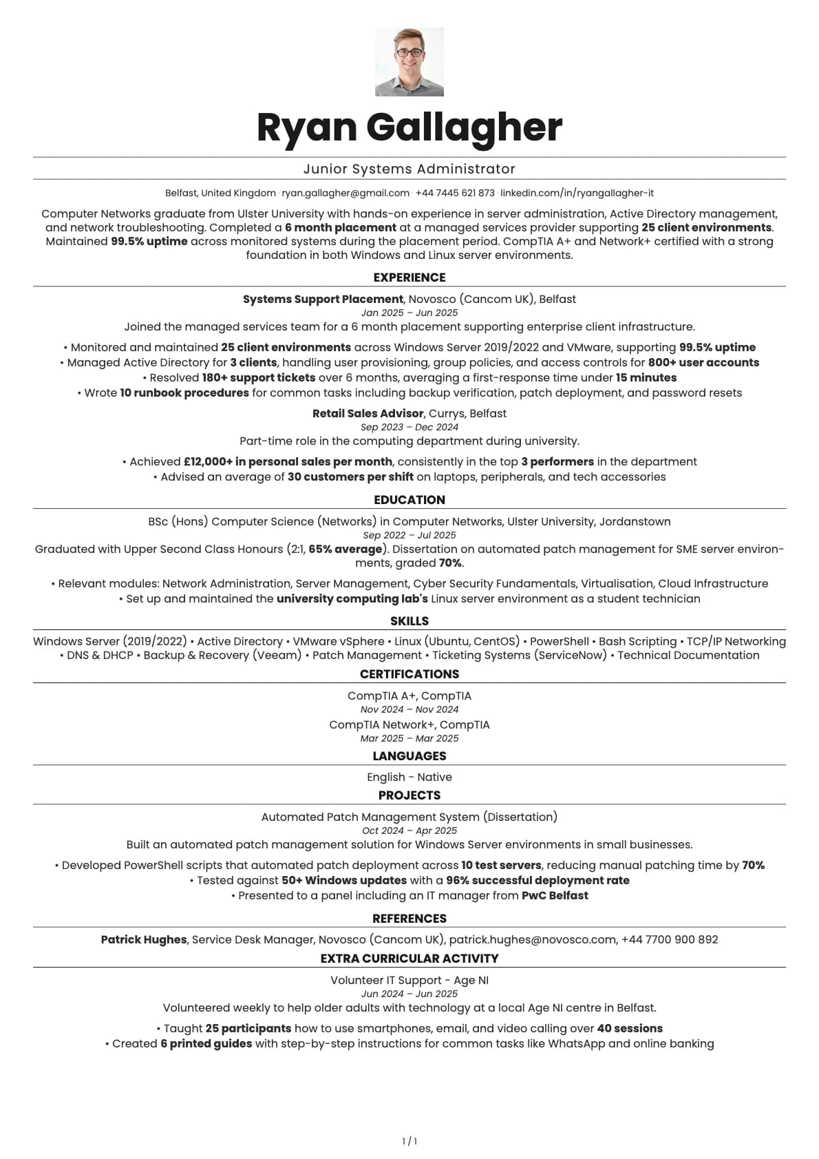 Junior Systems Administrator resume example