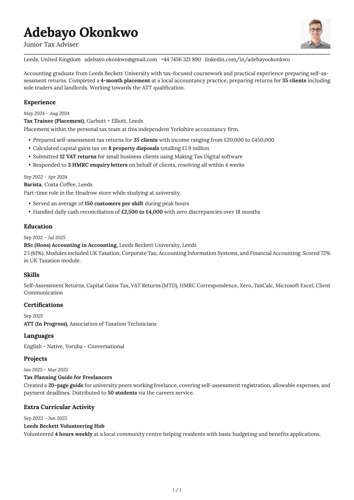 Junior Tax Adviser resume example