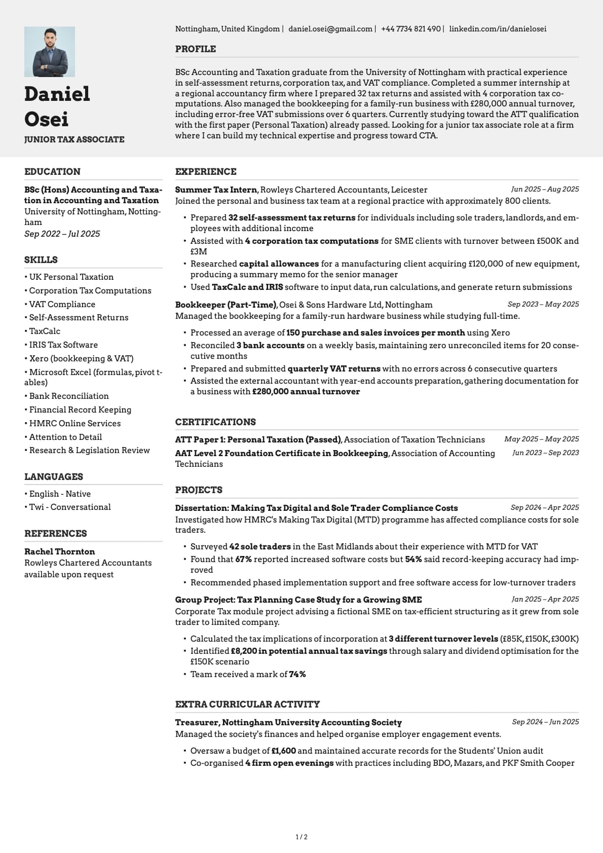 Junior Tax Associate resume example