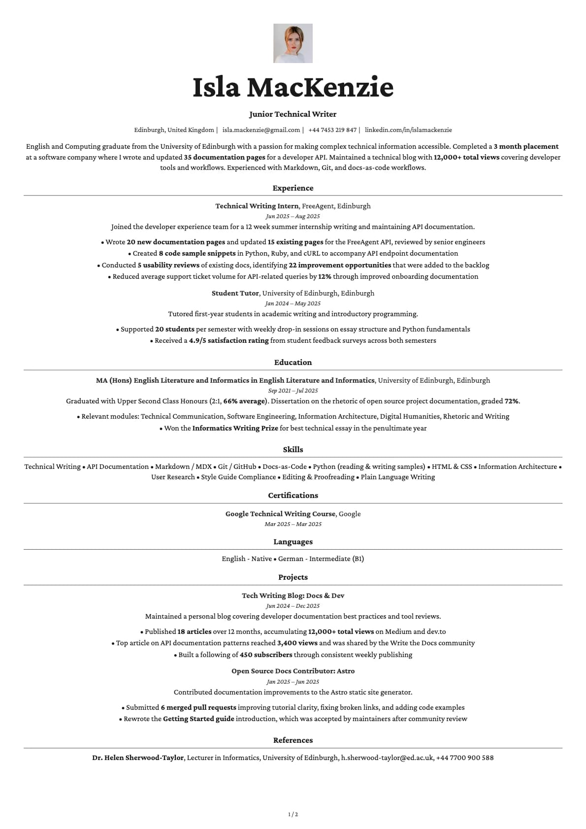 Junior Technical Writer resume example