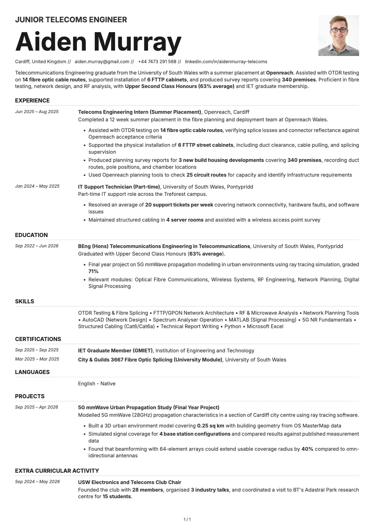 Junior Telecoms Engineer resume example