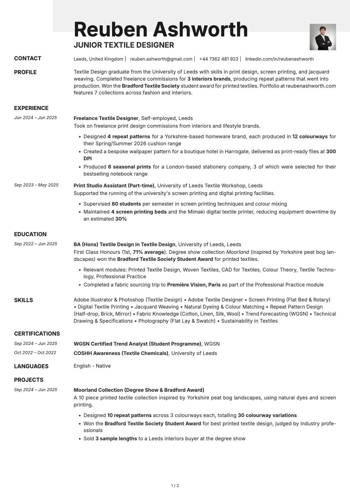 Junior Textile Designer resume example