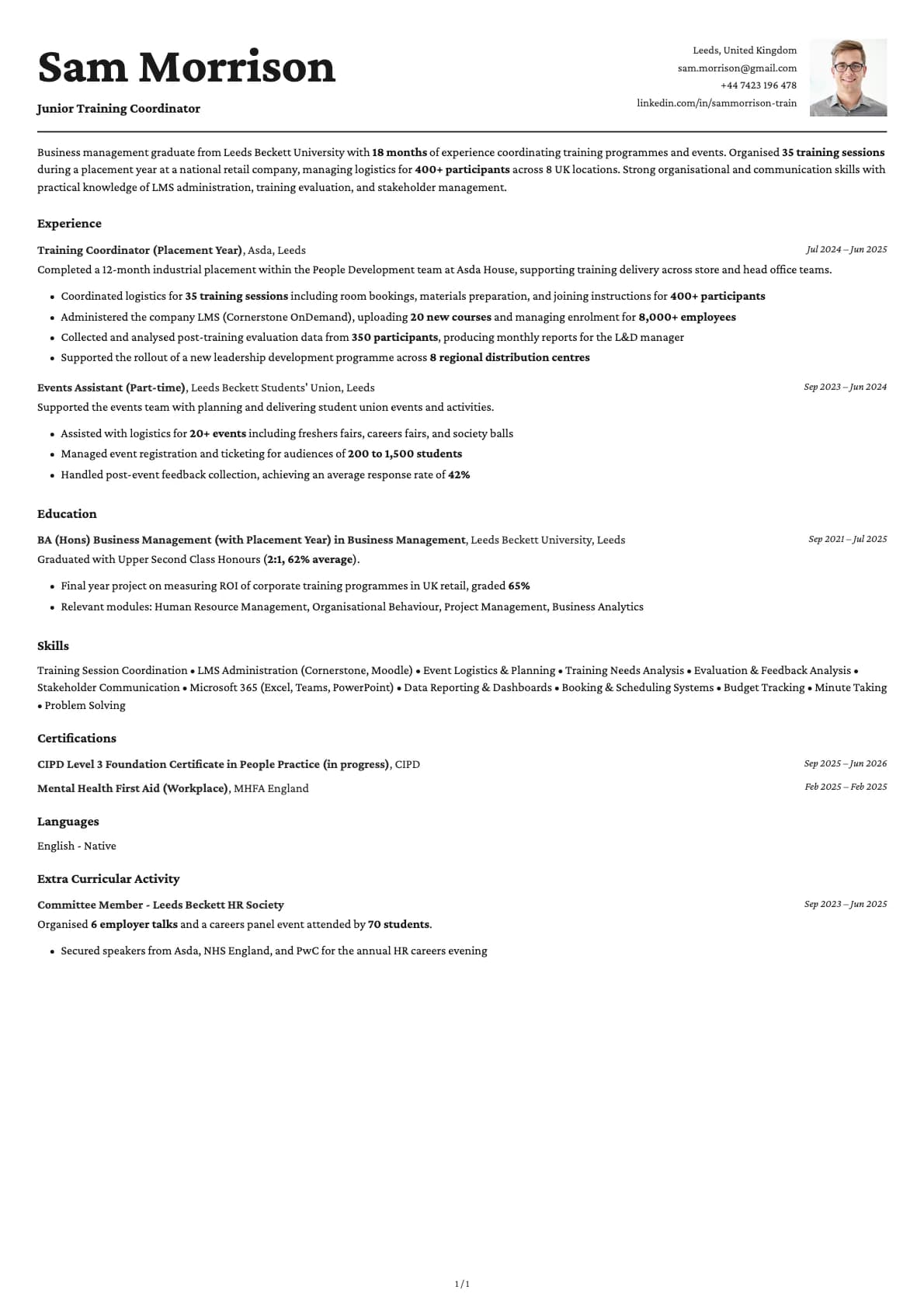 Junior Training Coordinator resume example