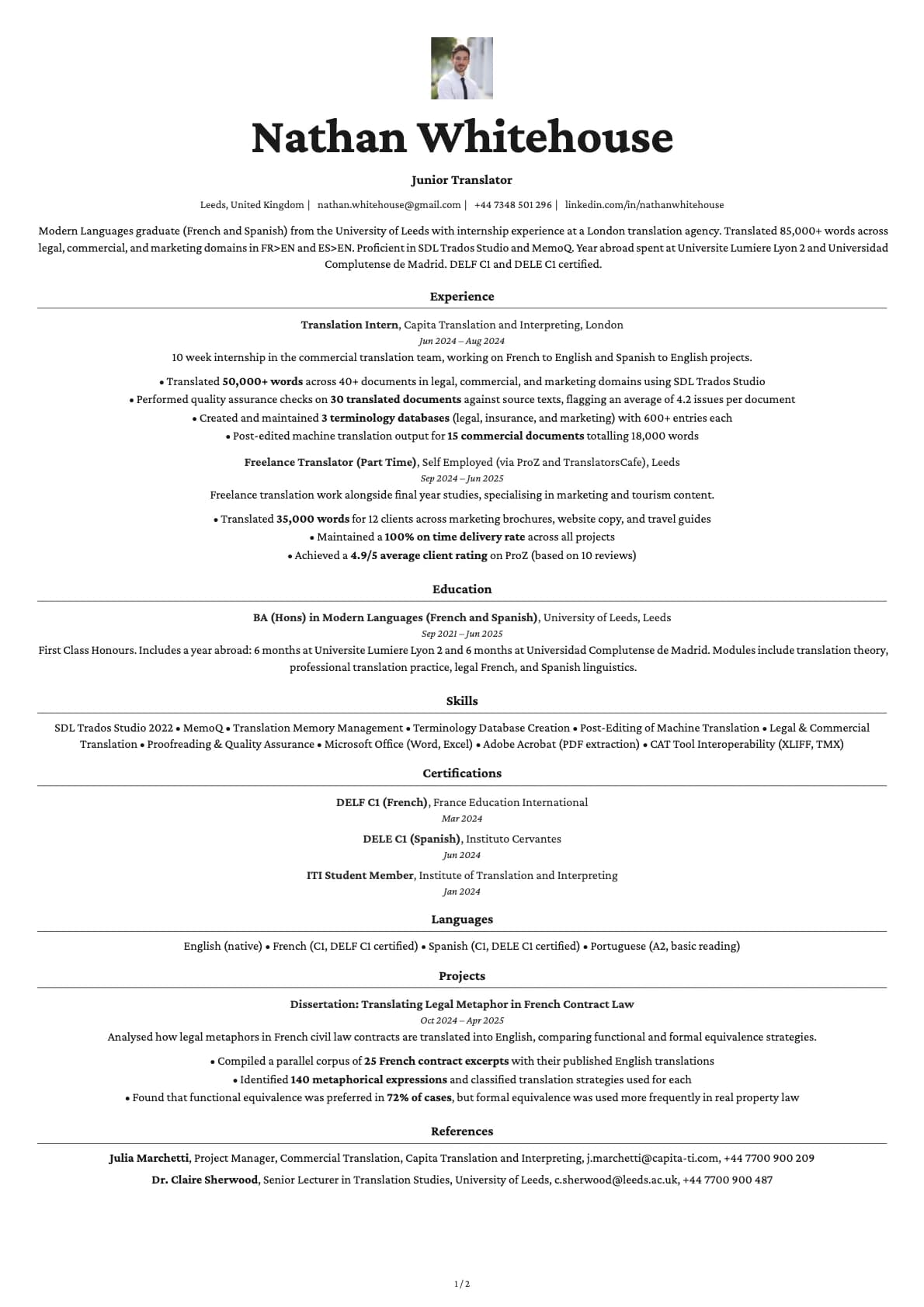 Junior Translator resume example