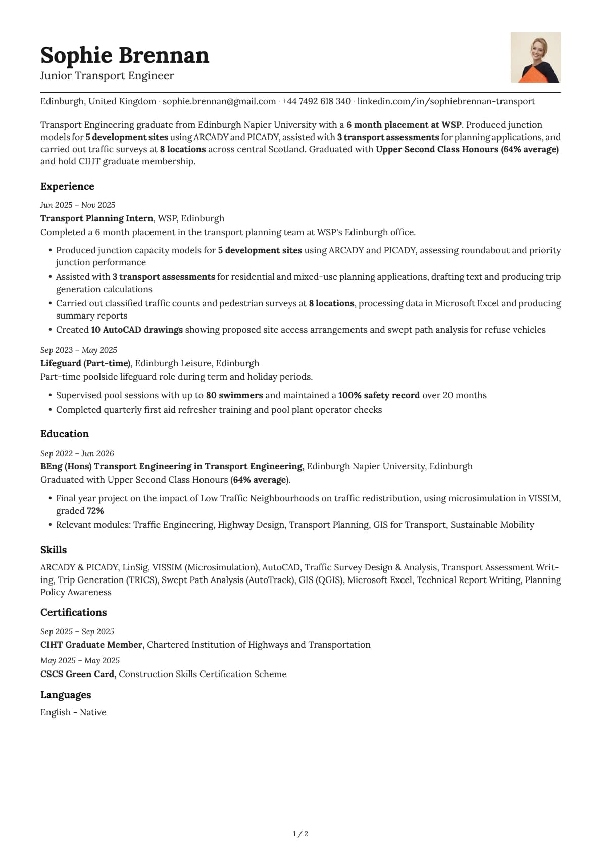 Junior Transport Engineer resume example