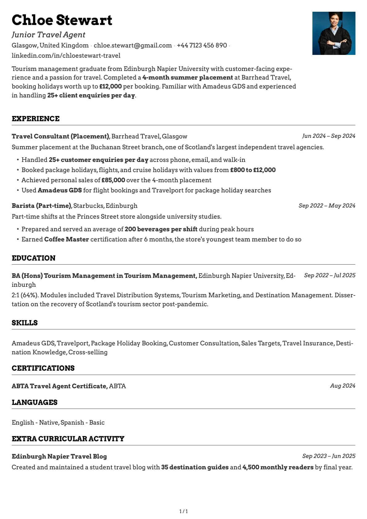 Junior Travel Agent resume example