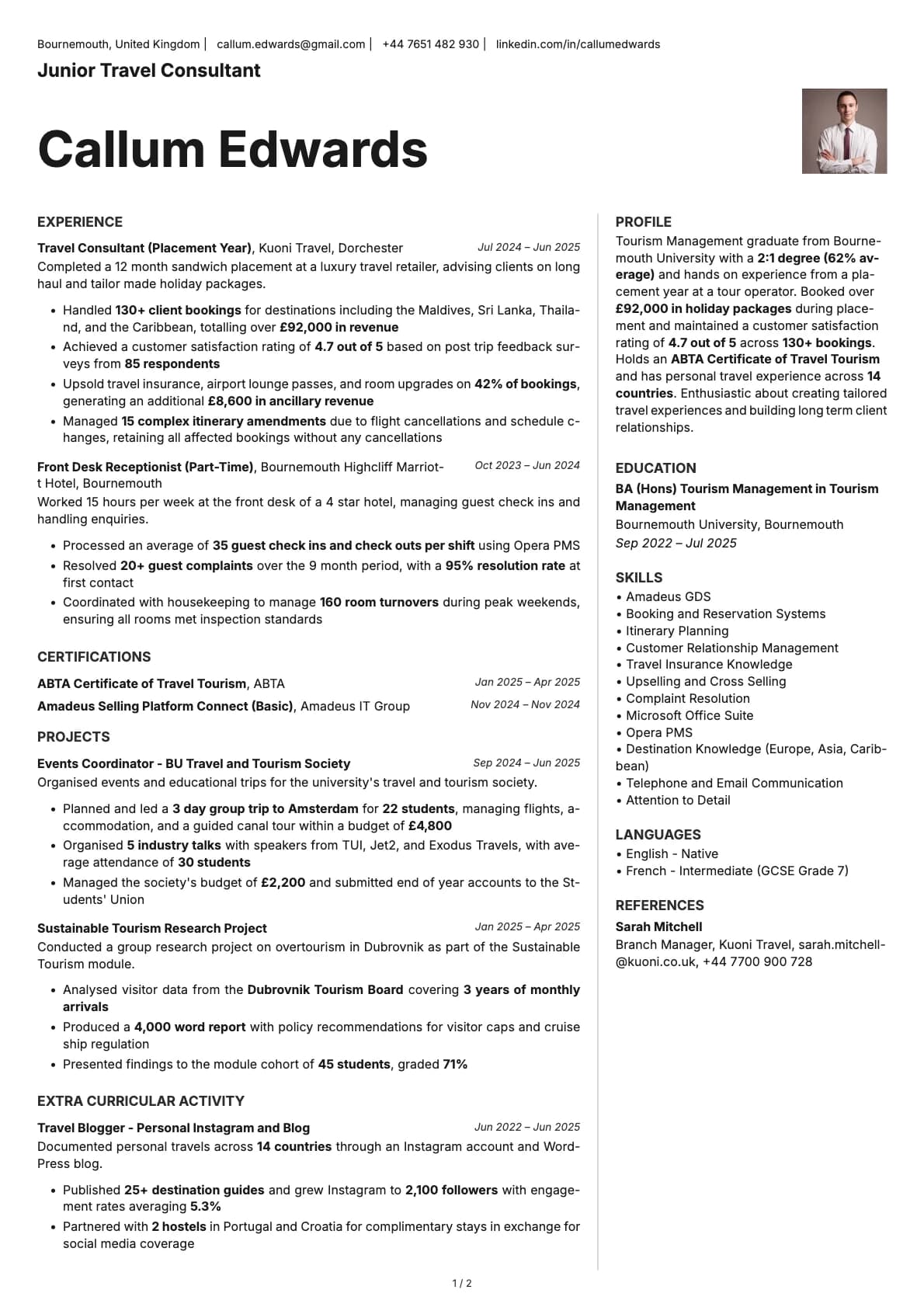 Junior Travel Consultant resume example