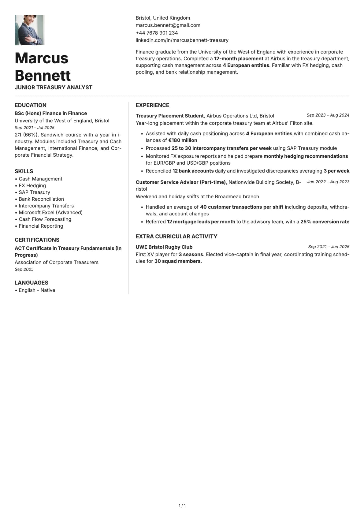 Junior Treasury Analyst resume example