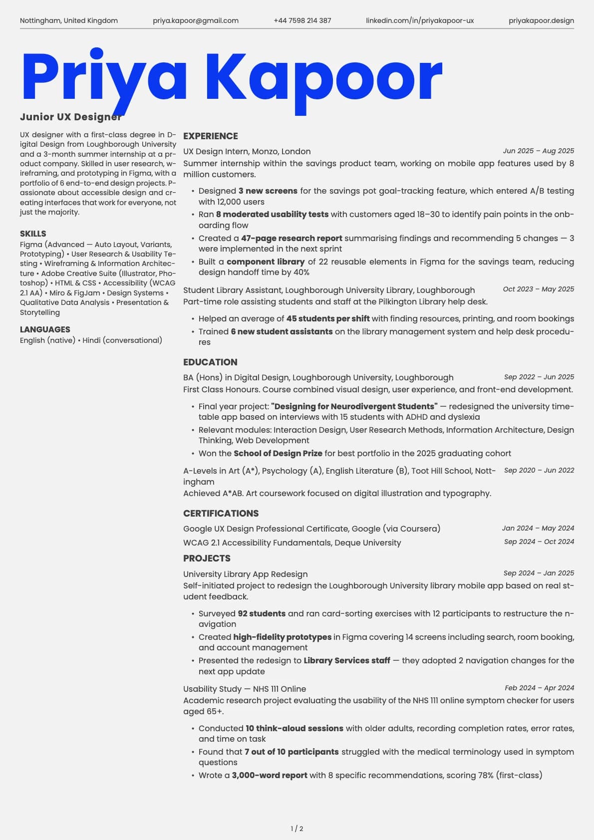 Junior UX Designer resume example