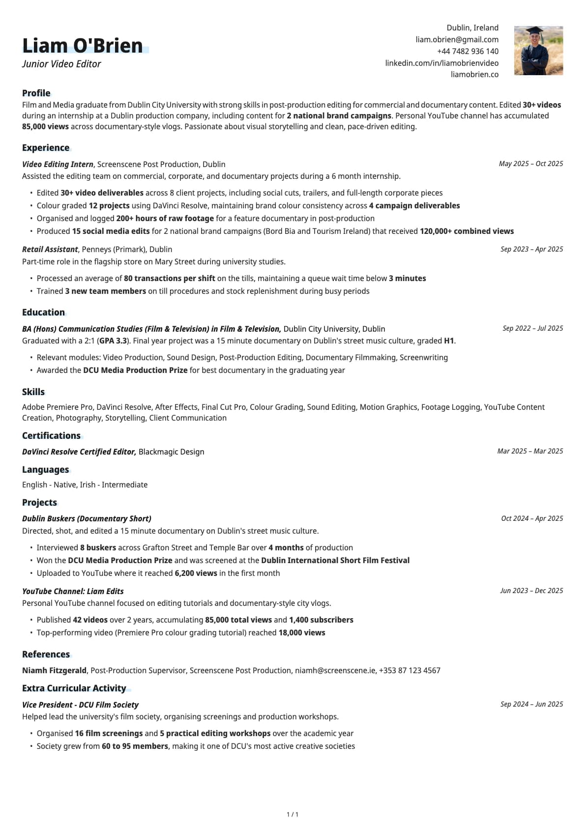 Junior Video Editor resume example