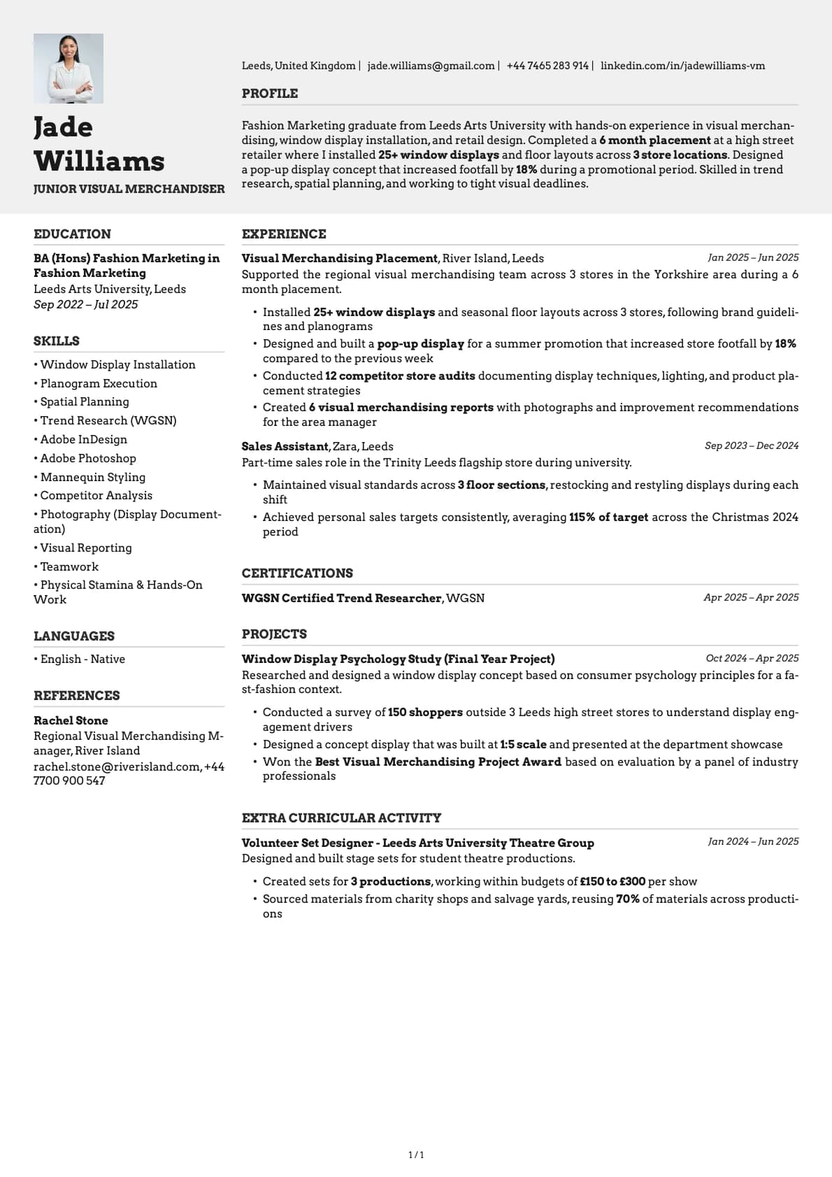 Junior Visual Merchandiser resume example