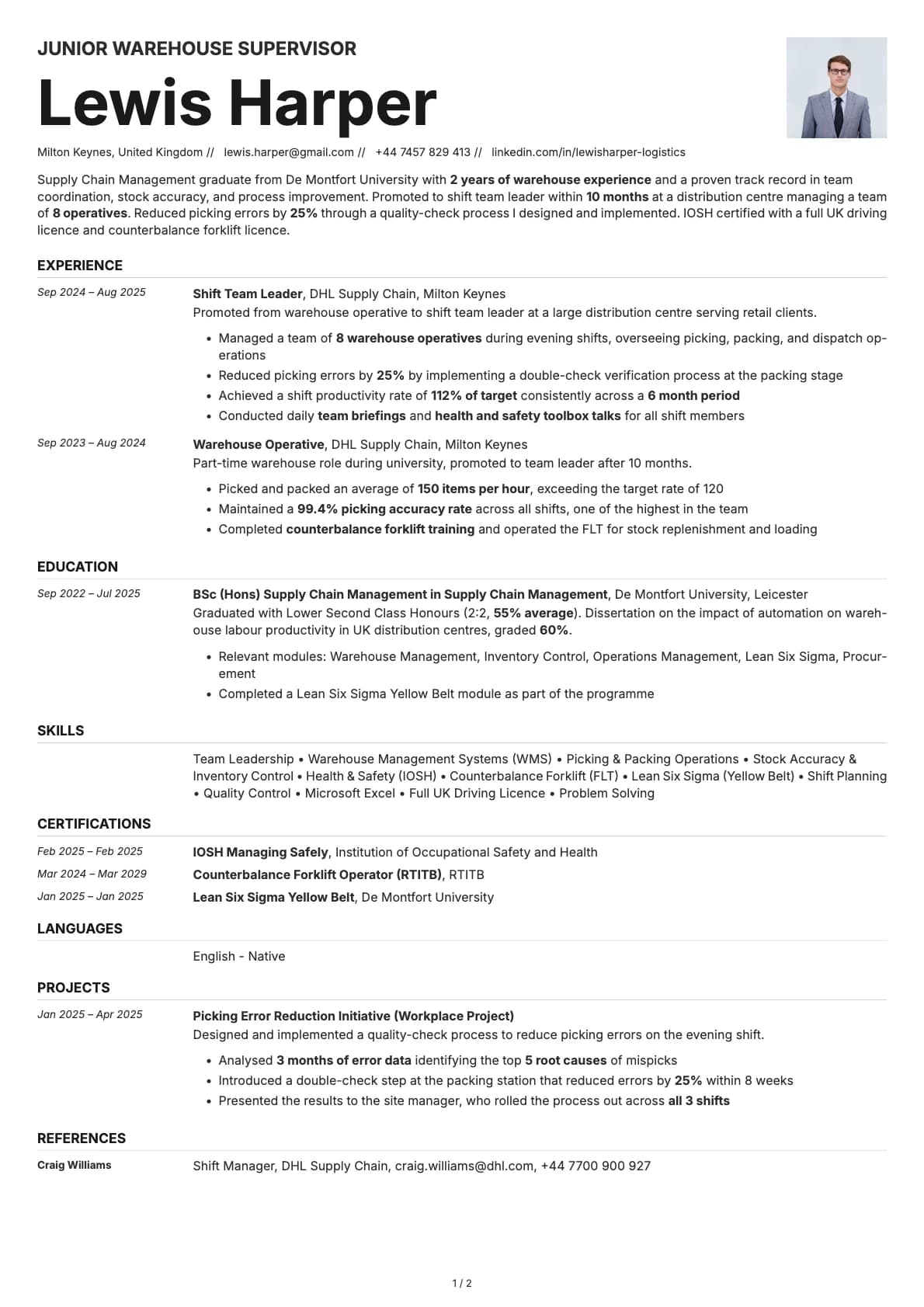 Junior Warehouse Supervisor resume example