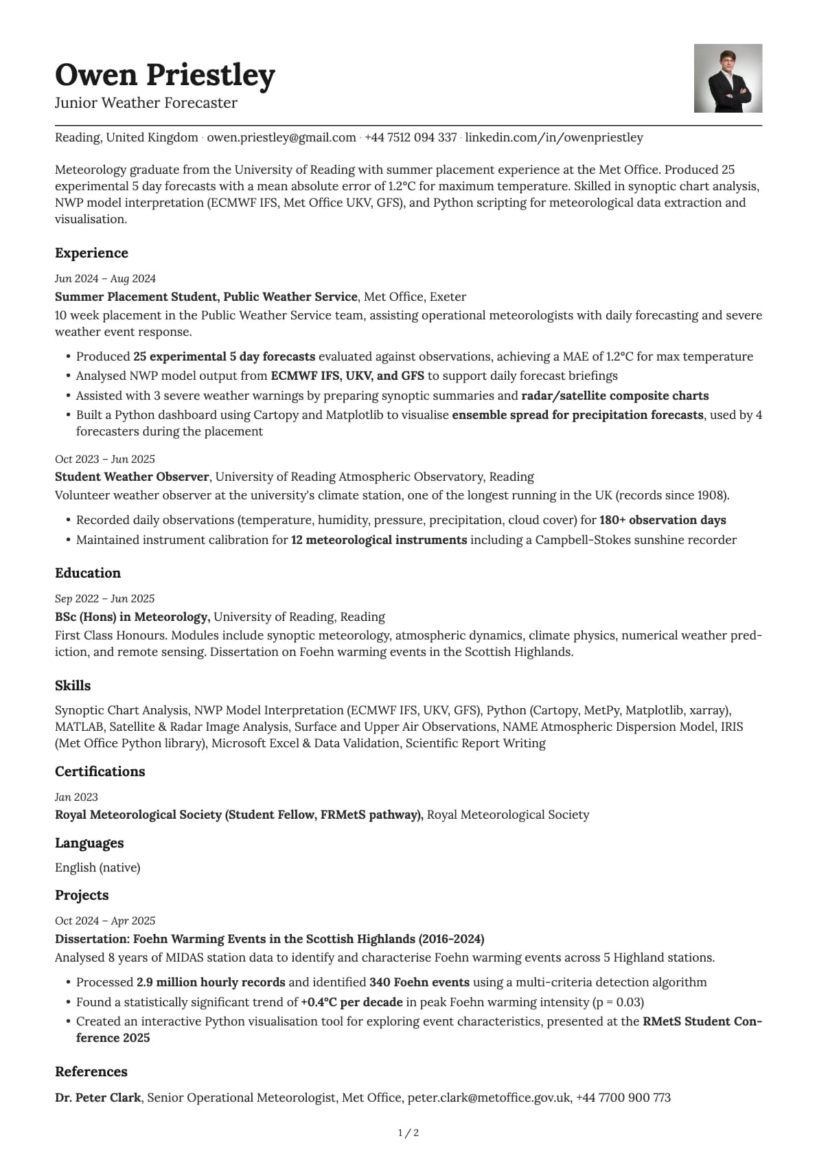 Junior Weather Forecaster resume example