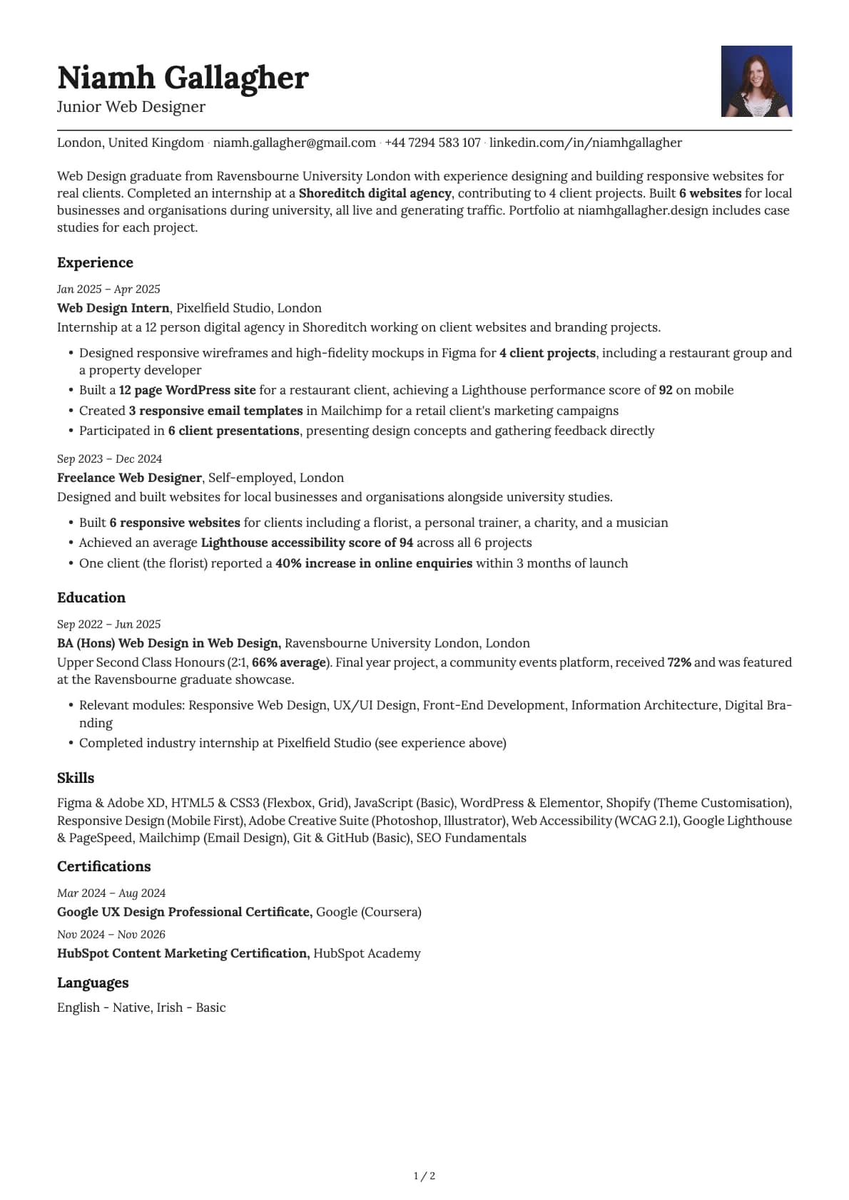 Junior Web Designer resume example