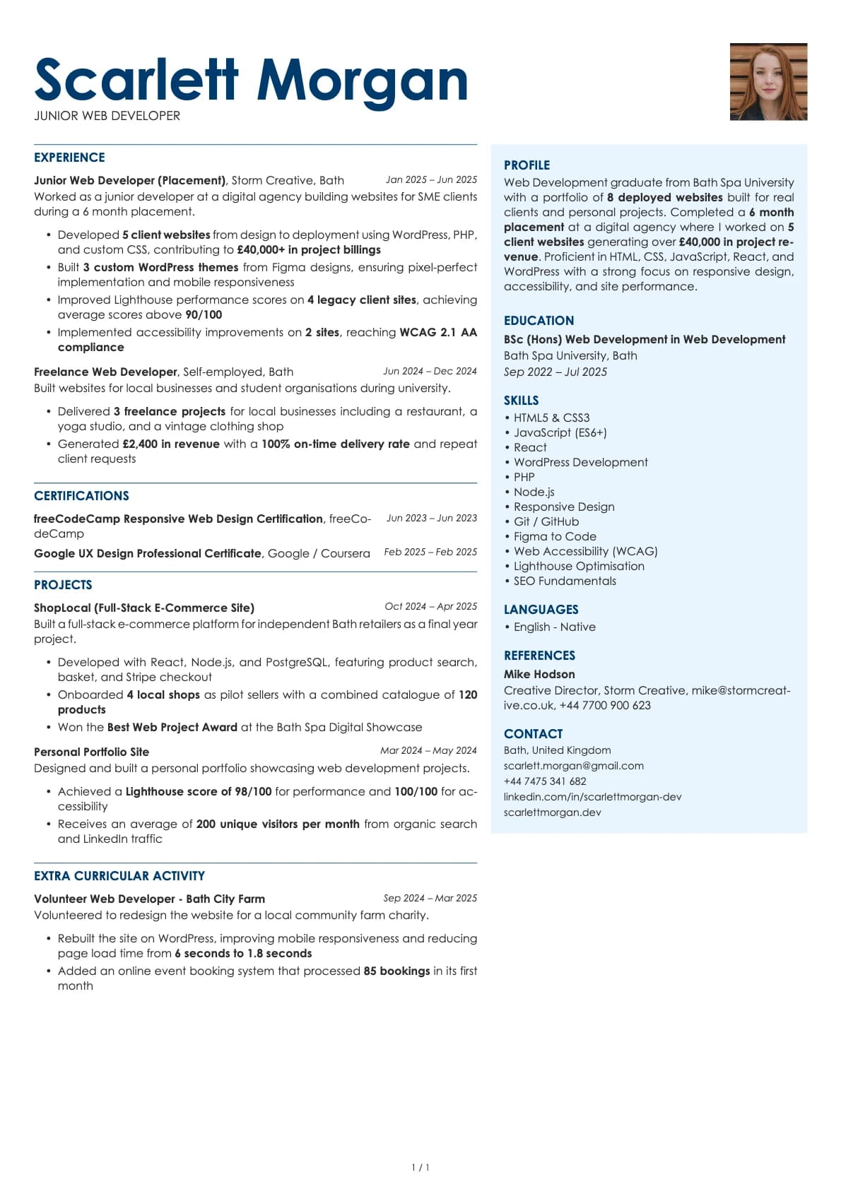 Junior Web Developer resume example