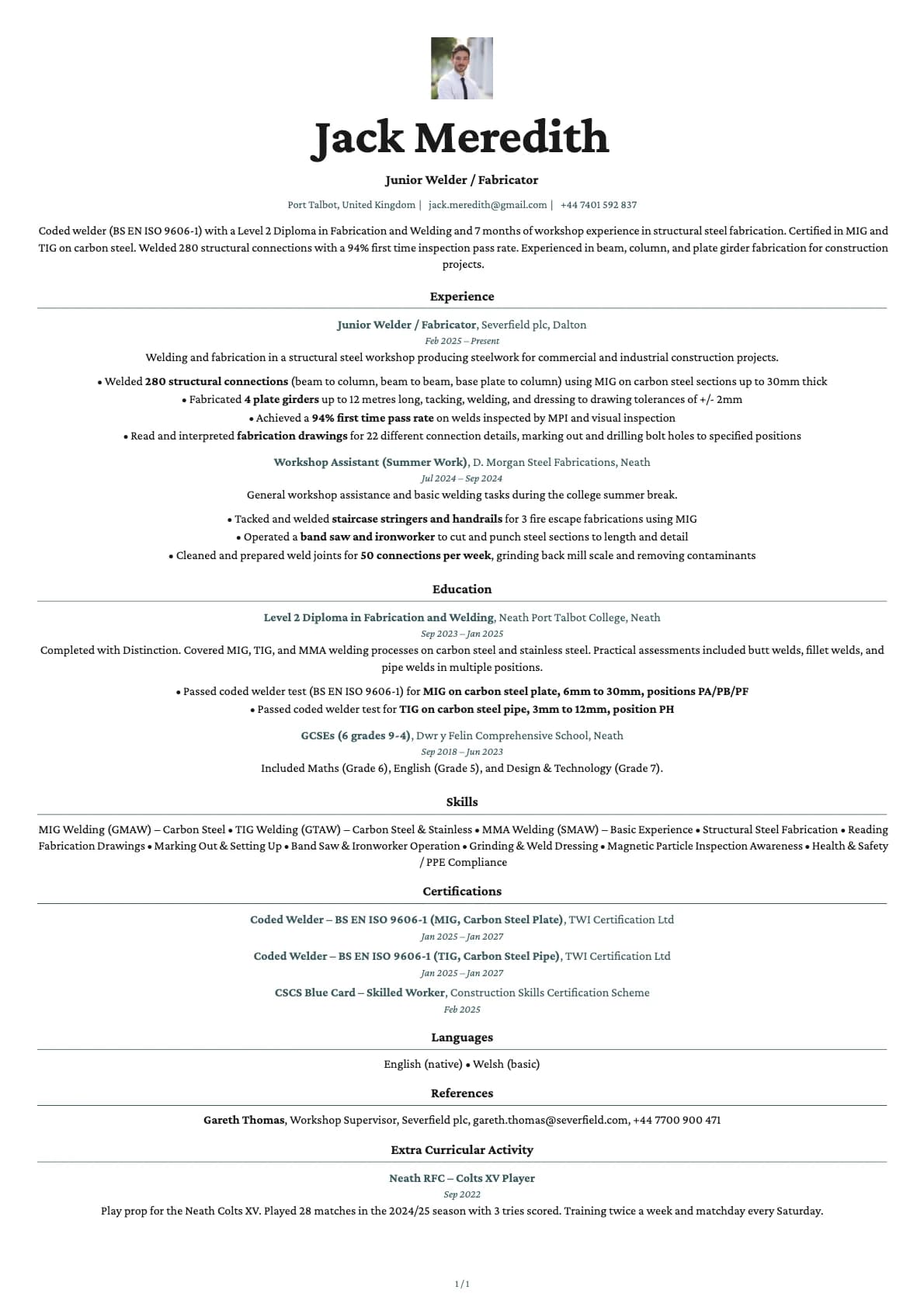 Junior Welder resume example