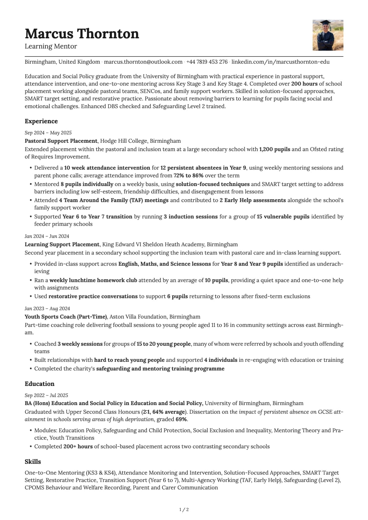 Learning Mentor resume example