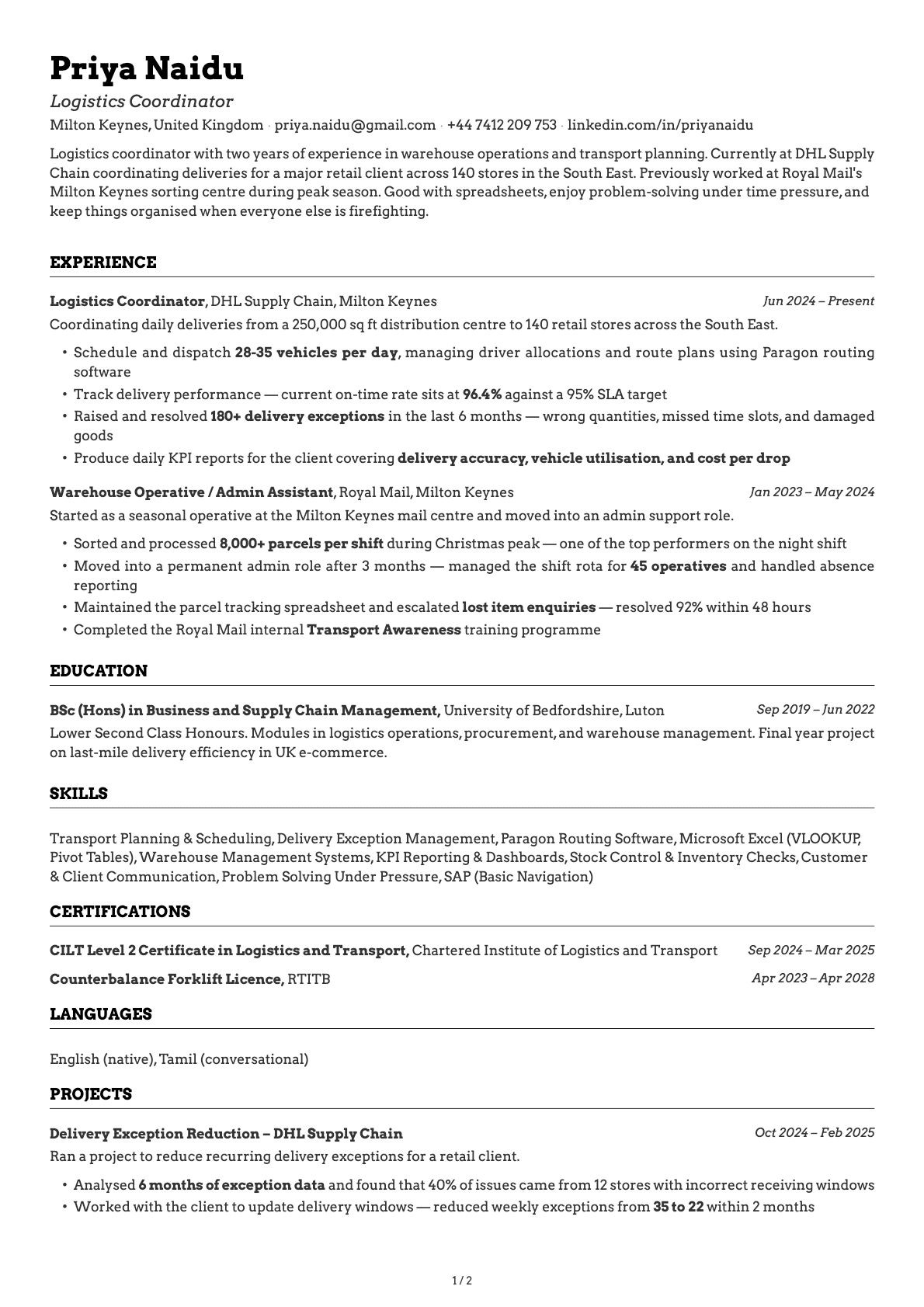 Logistics Coordinator resume example