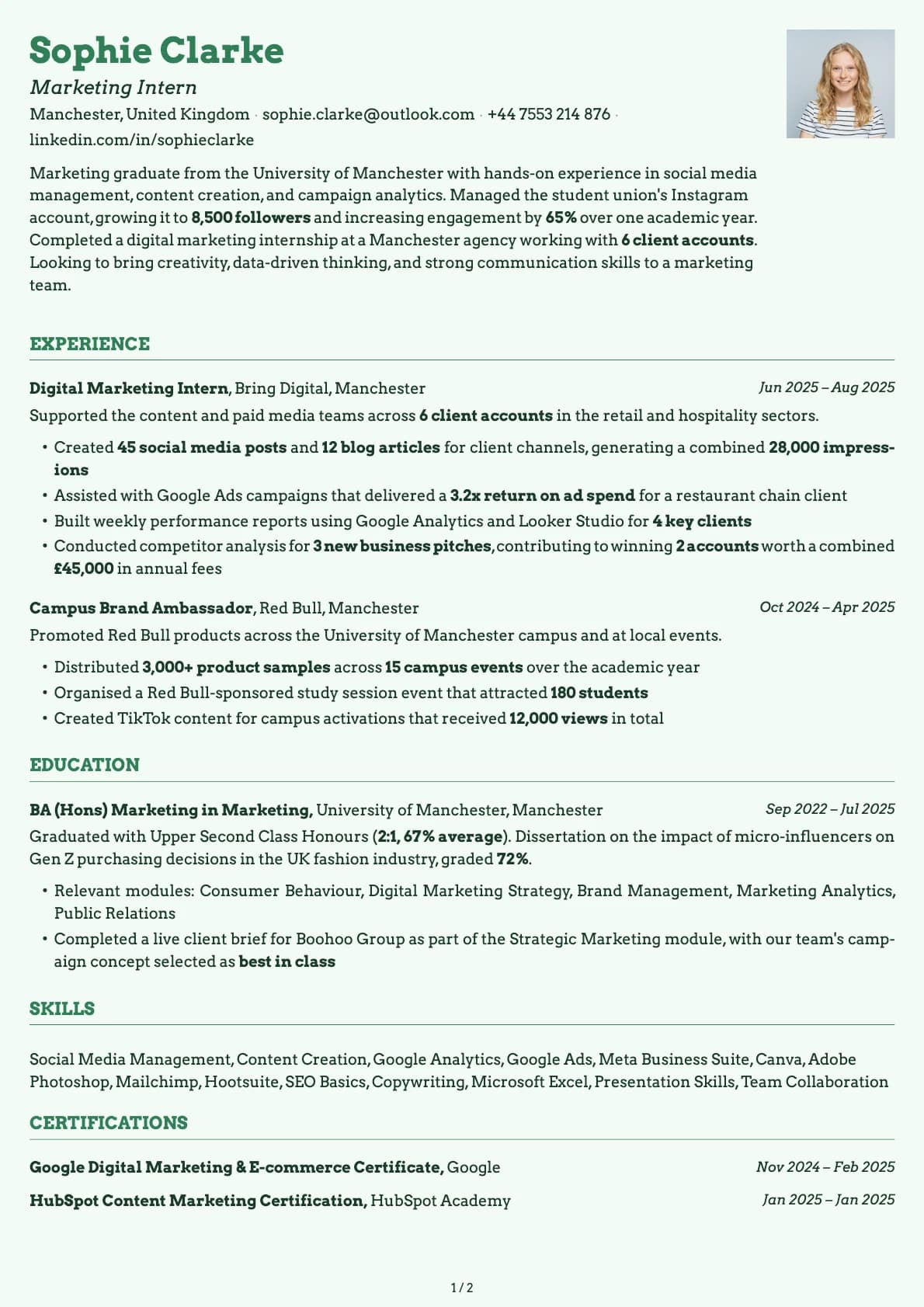 Marketing Intern resume example