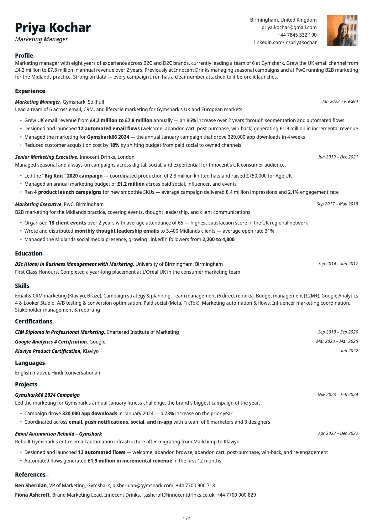 Marketing Manager resume example