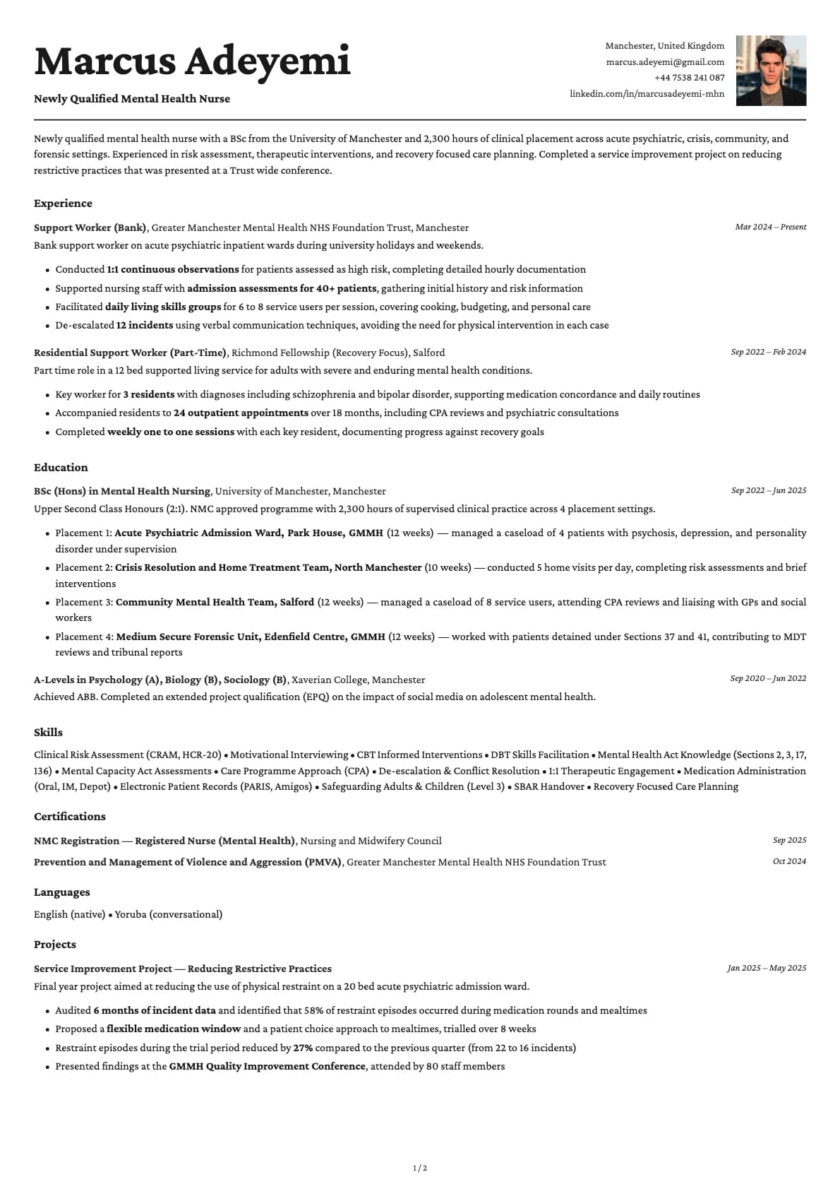 Mental Health Nurse resume example