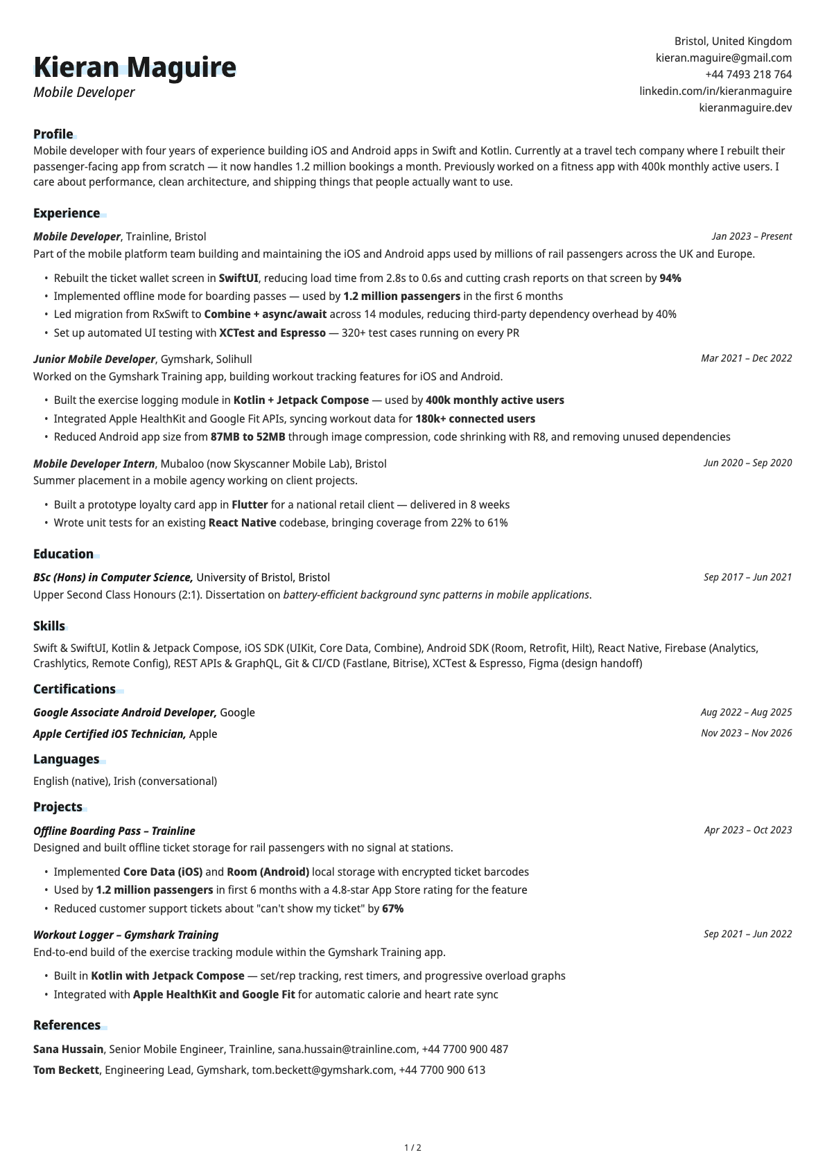Mobile Developer resume example