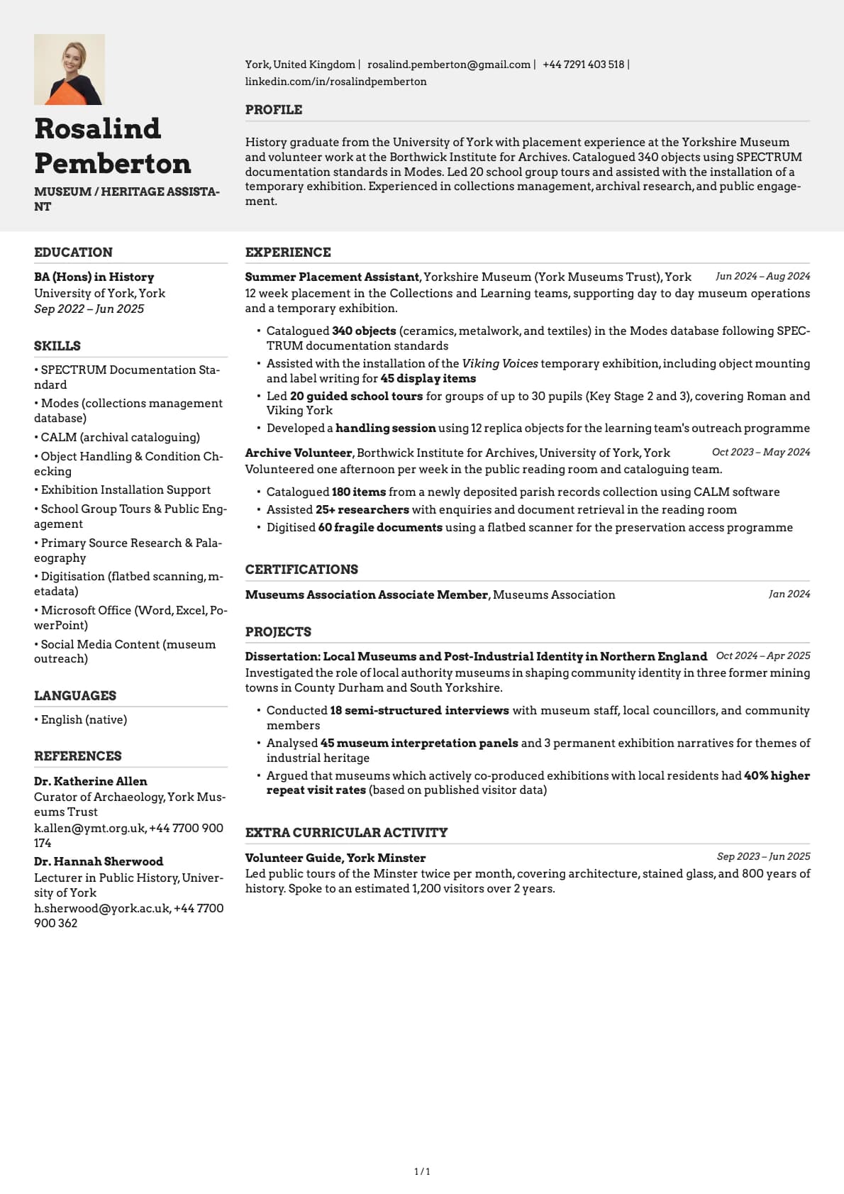 Museum / Heritage Assistant resume example