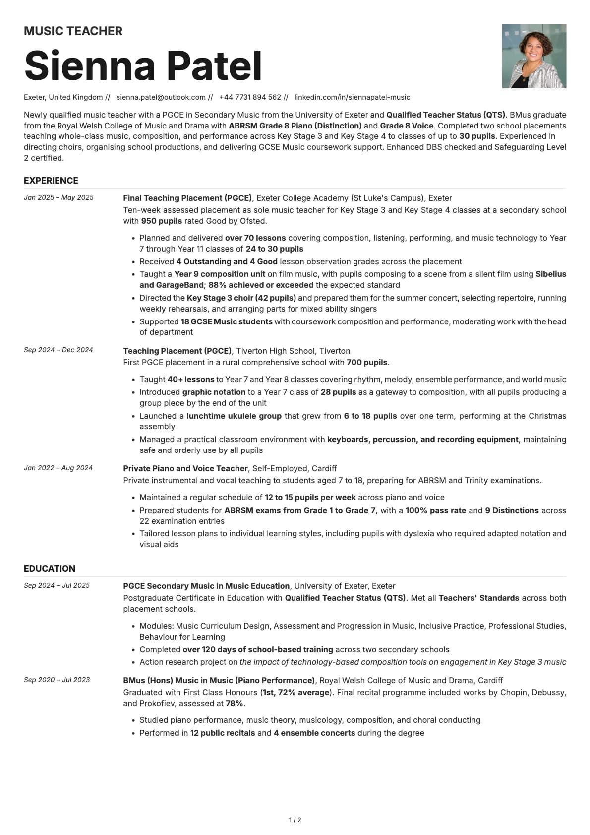 Music Teacher resume example