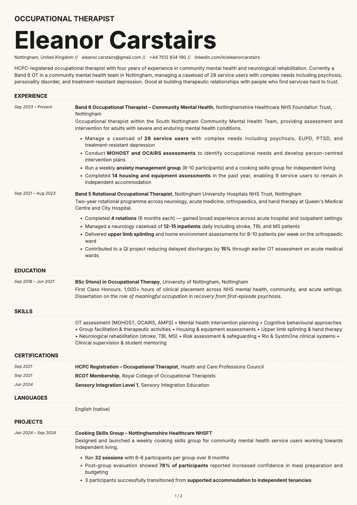 Occupational Therapist resume example