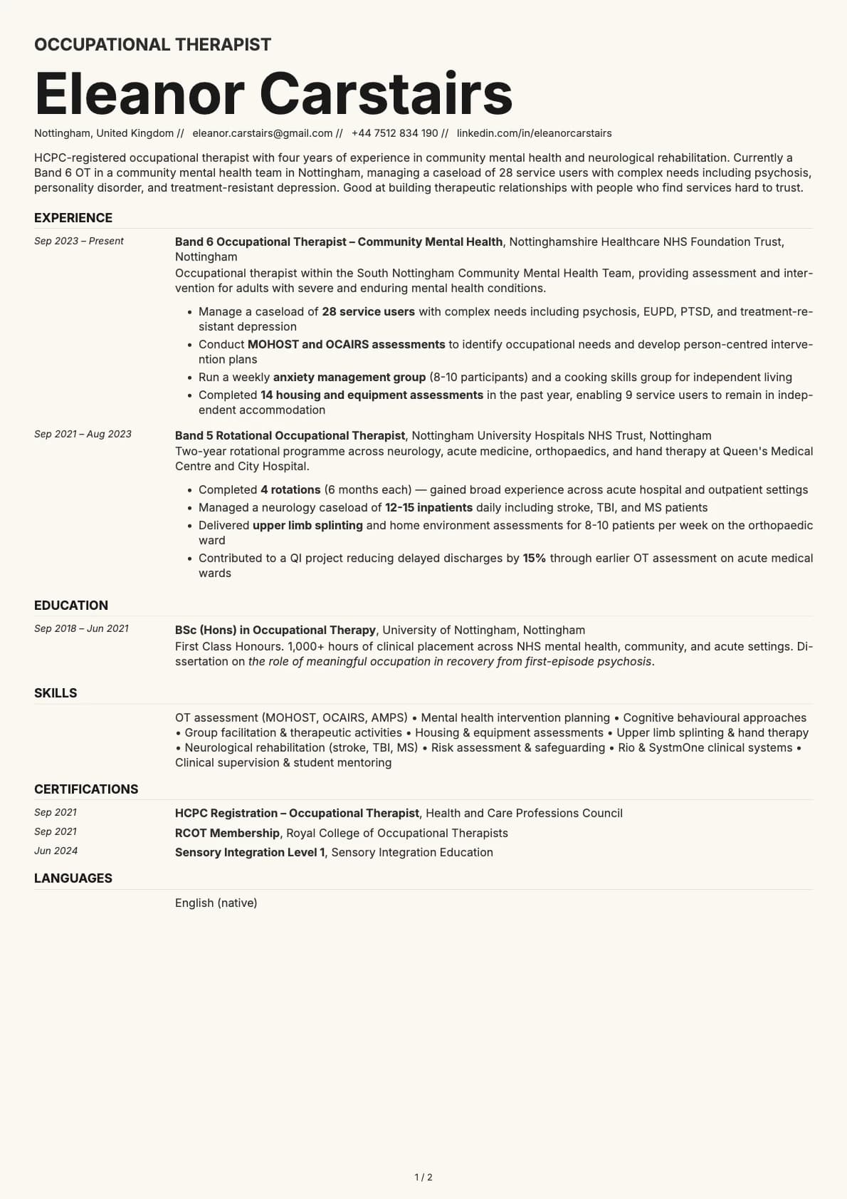 Occupational Therapist resume example