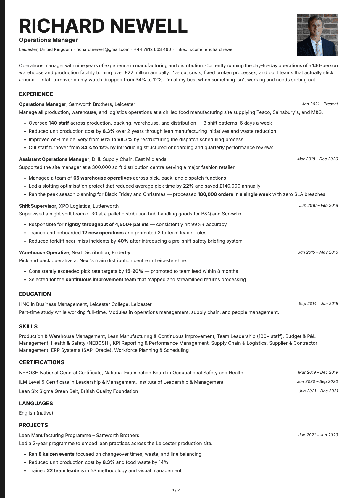Operations Manager resume example