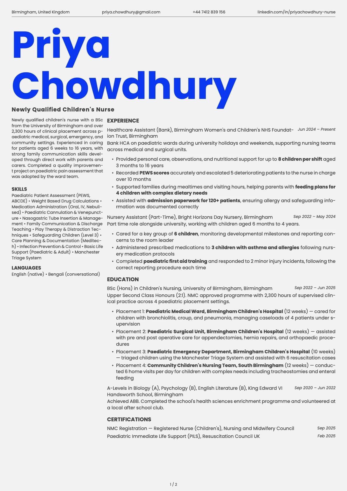 Paediatric Nurse resume example