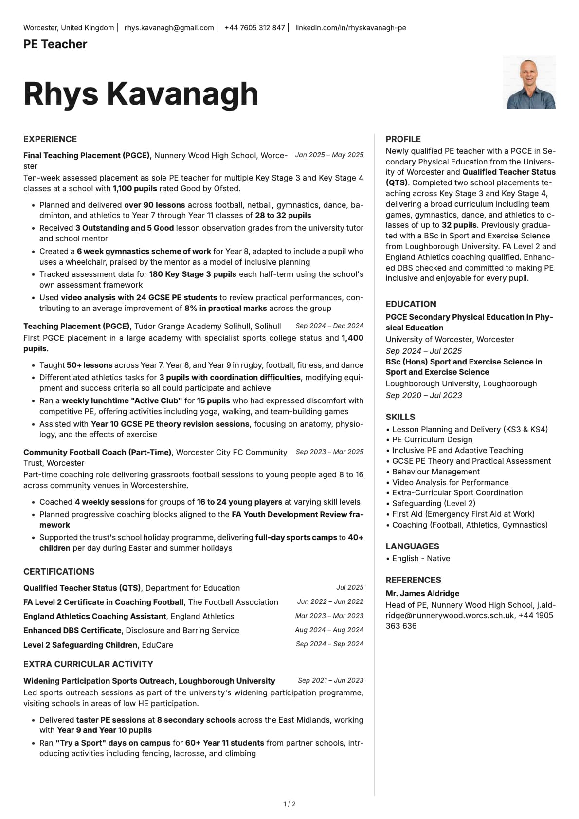 PE Teacher resume example