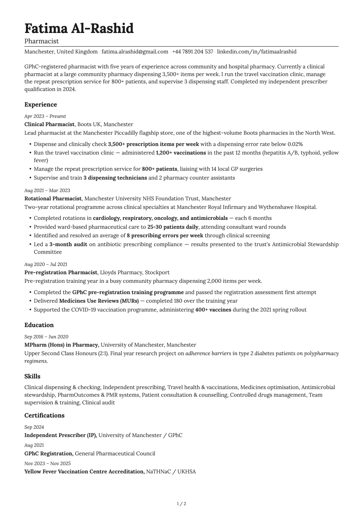 Pharmacist resume example