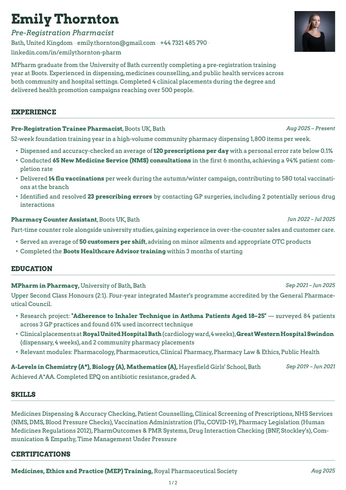 Pharmacy Intern resume example