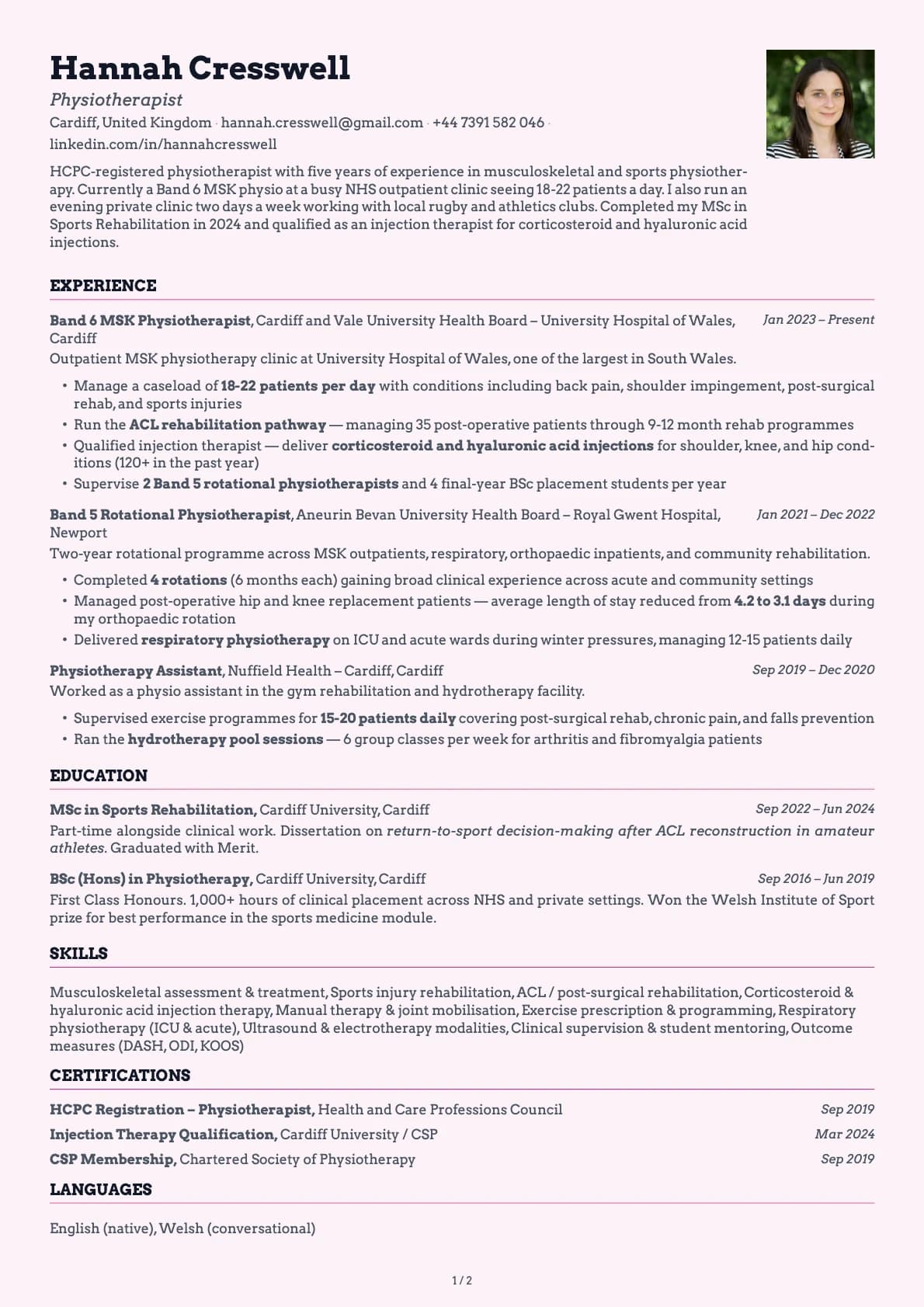 Physiotherapist resume example