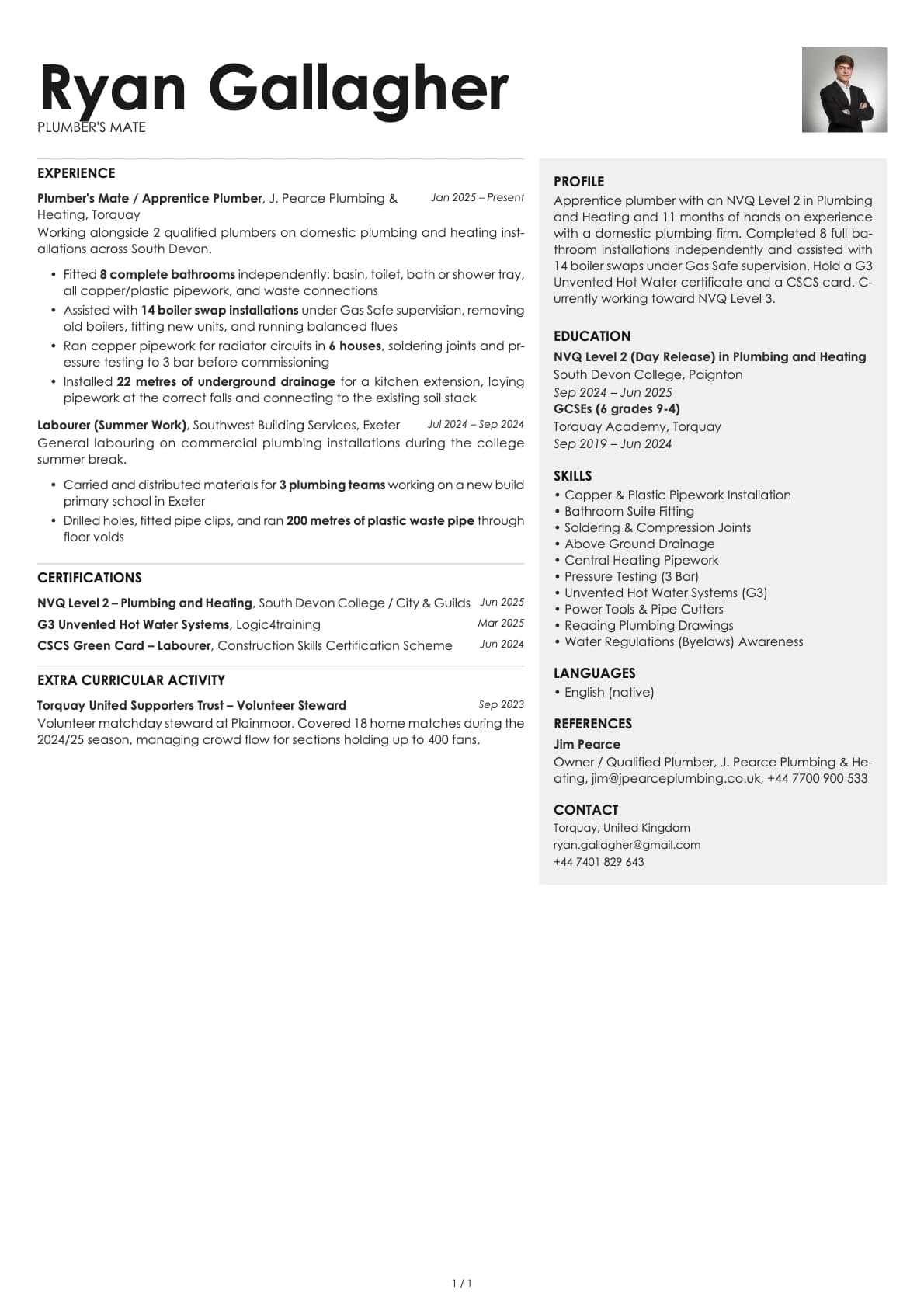 Plumber's Mate resume example