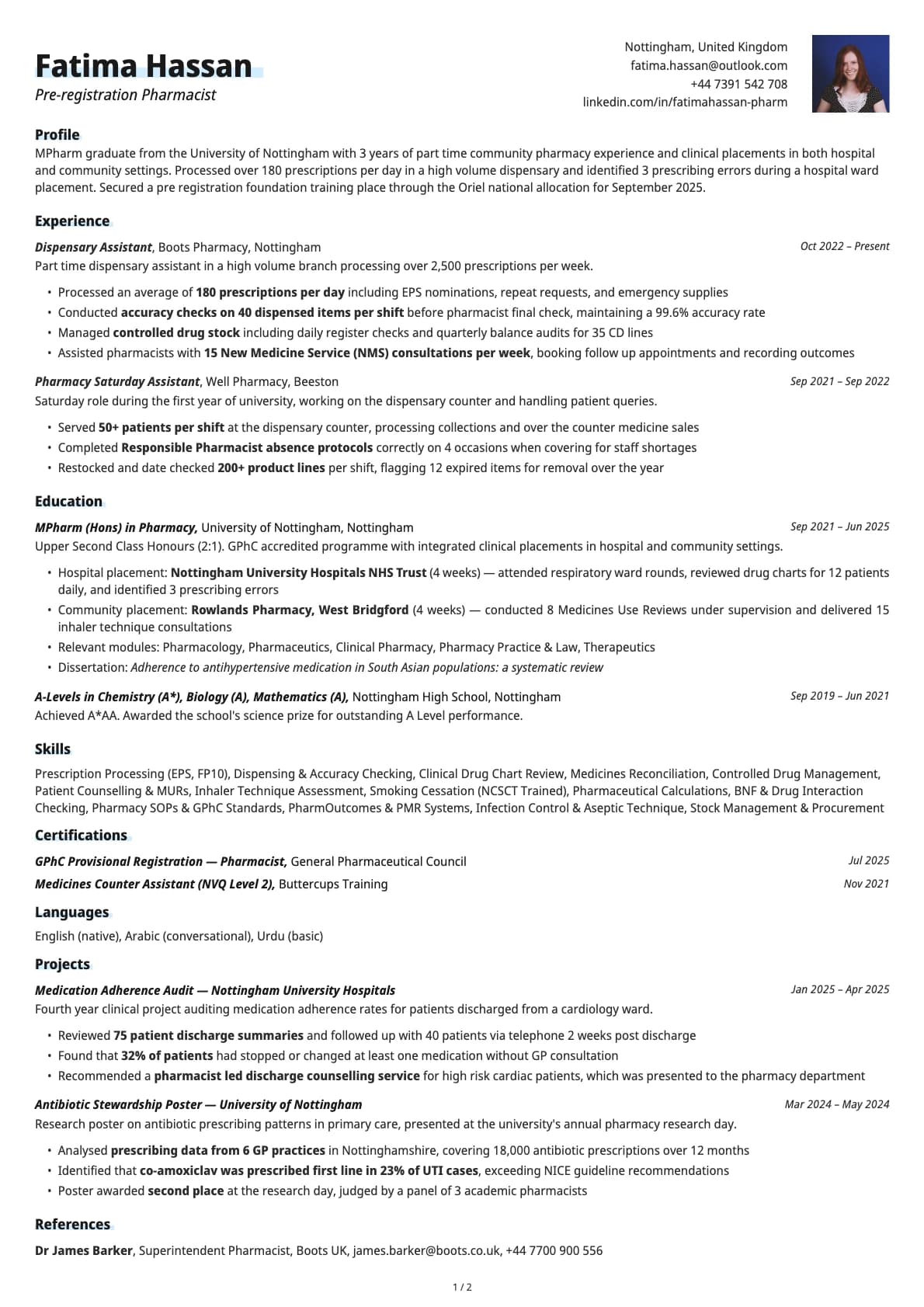 Pre-registration Pharmacist resume example