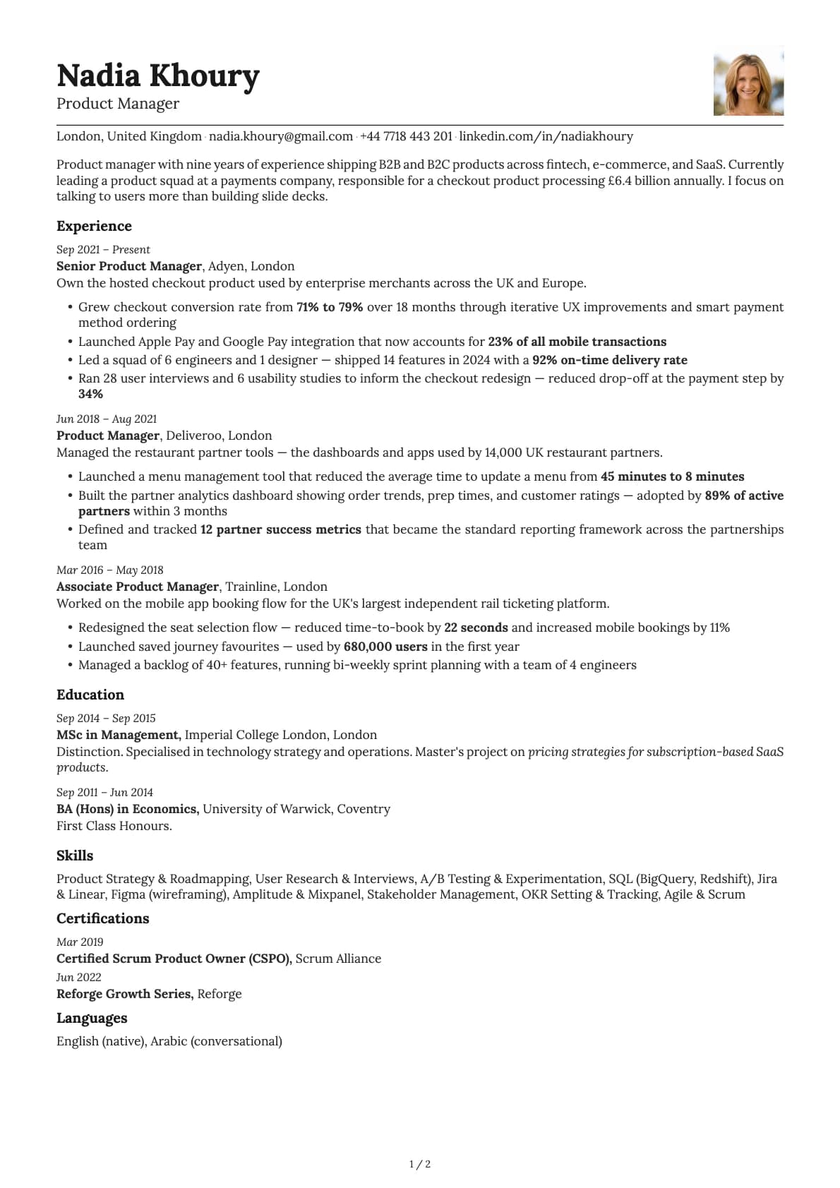 Product Manager resume example