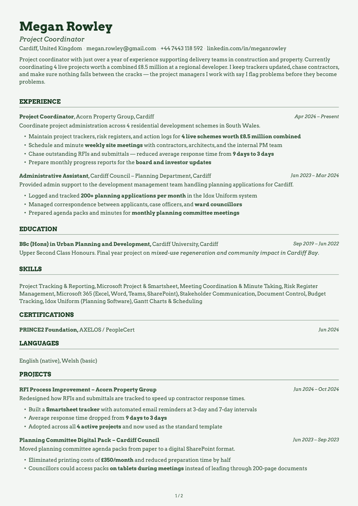 Project Coordinator resume example