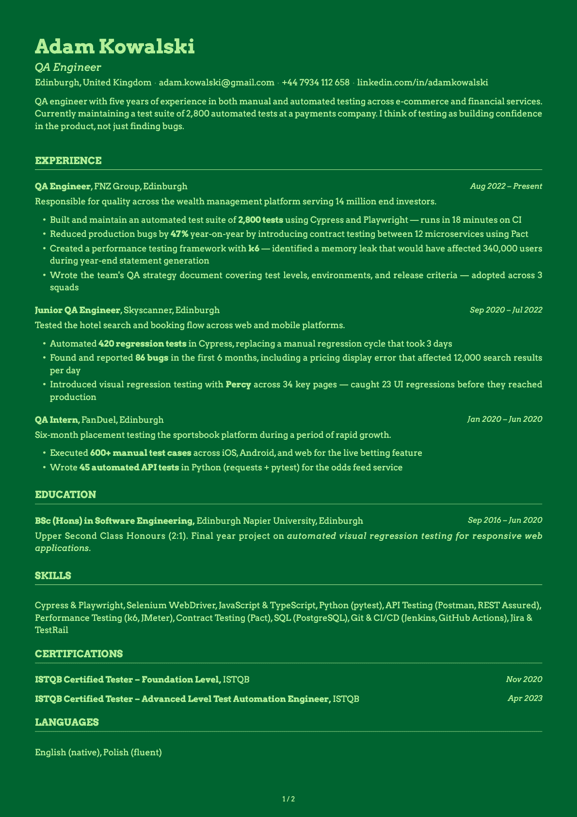QA Engineer resume example