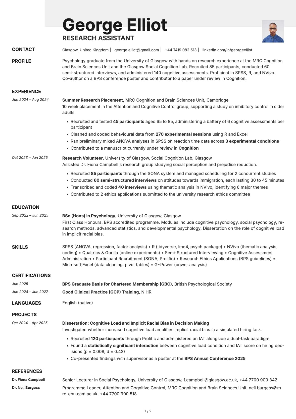 Research Assistant resume example