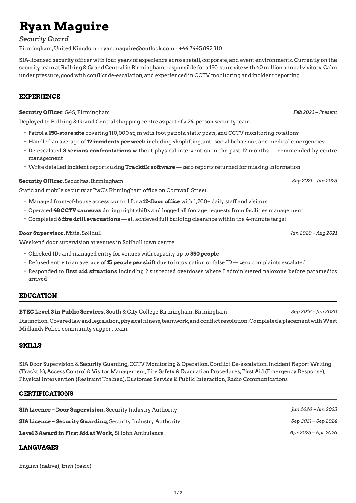 Security Guard resume example